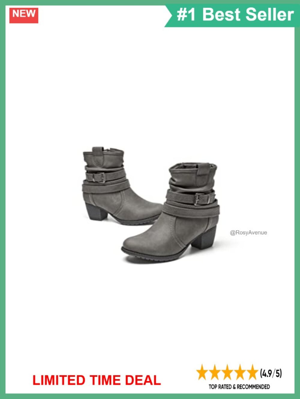 VJH Mid Calf Boots Faux Leather Round Toe Low Heel Buckle Slouchy